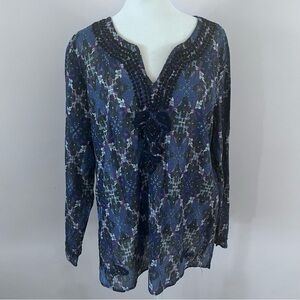 Life Style Bohochic Embroidered Beaded Metallic Printed V-neck Tunic Blouse |XL|